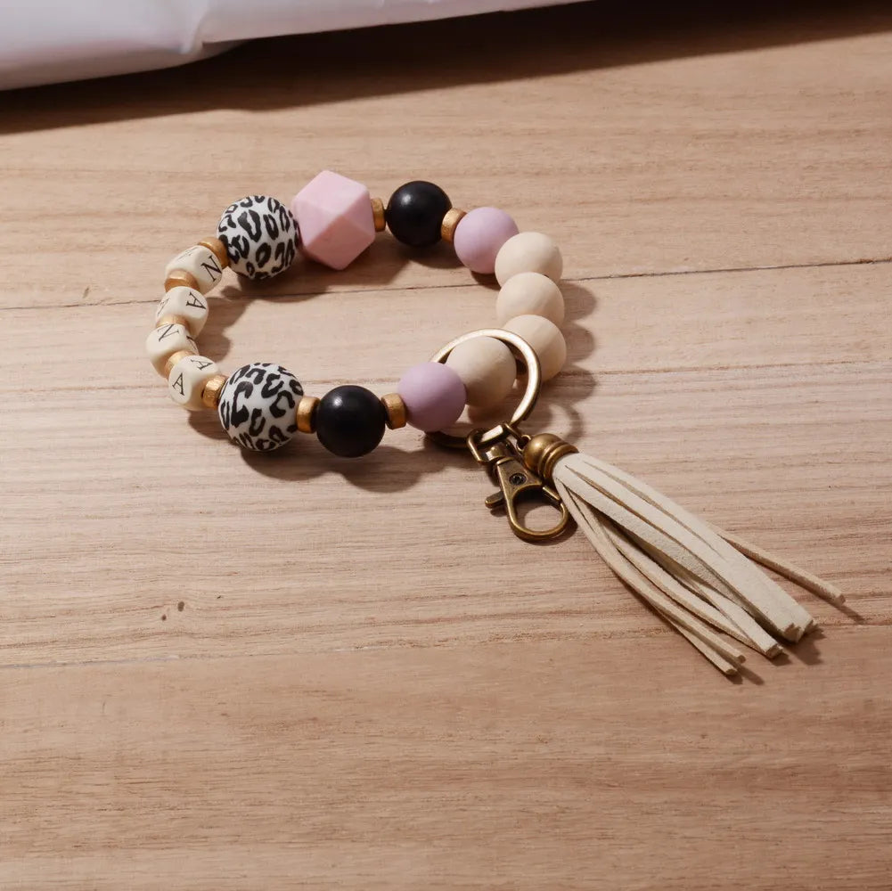 2022 New Boho Leopard Sunflower Silicone Bead NANA Wristband MAMA Key Chain Pendant Custom Name Charm Mother's Day Jewelry Gift