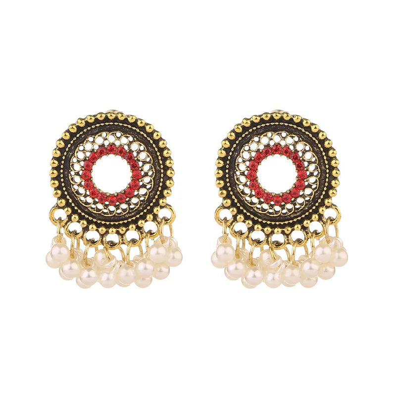 Hemasa Gold Color Alloy Indian Earrings Egypt Jewelry Ethnic Women's Pearls Tassel Round Hollow Jhumka Earring Oorbellen