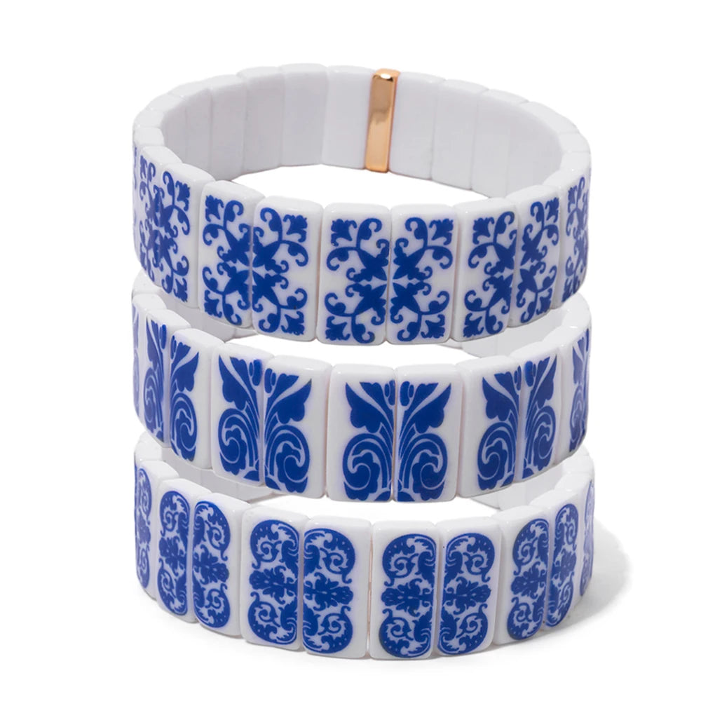 8x16mm Plastc Chinese Blue and White Porcelain Texture Beaded Bracelets For Women Handmade Spring Hand Accessory