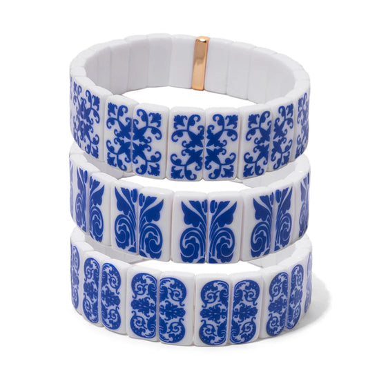 8x16mm Plastc Chinese Blue and White Porcelain Texture Beaded Bracelets For Women Handmade Spring Hand Accessory