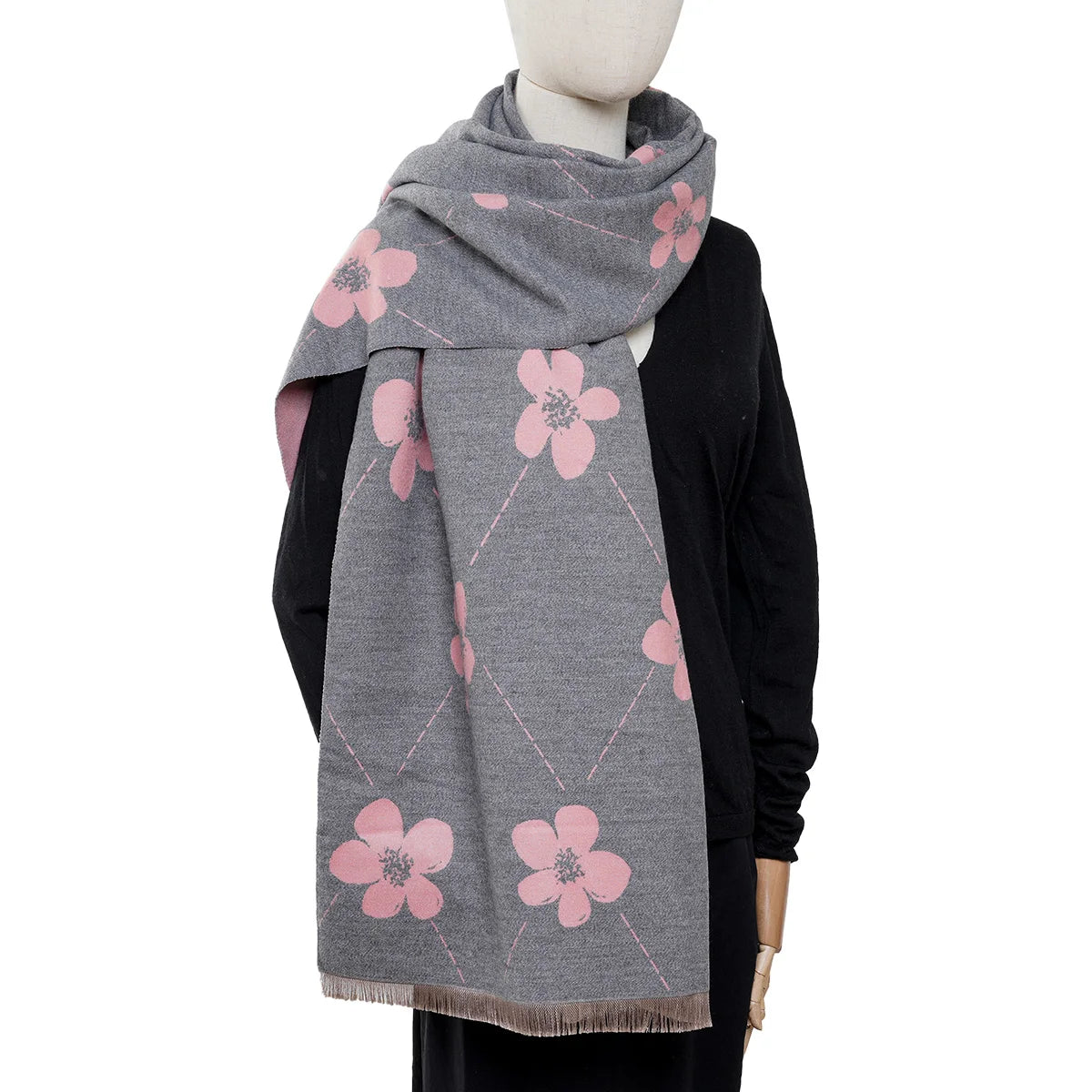 Hot selling imitation cashmere face dual color flower jacquard pashmina long style soft and warm casual short beard scarf shawl