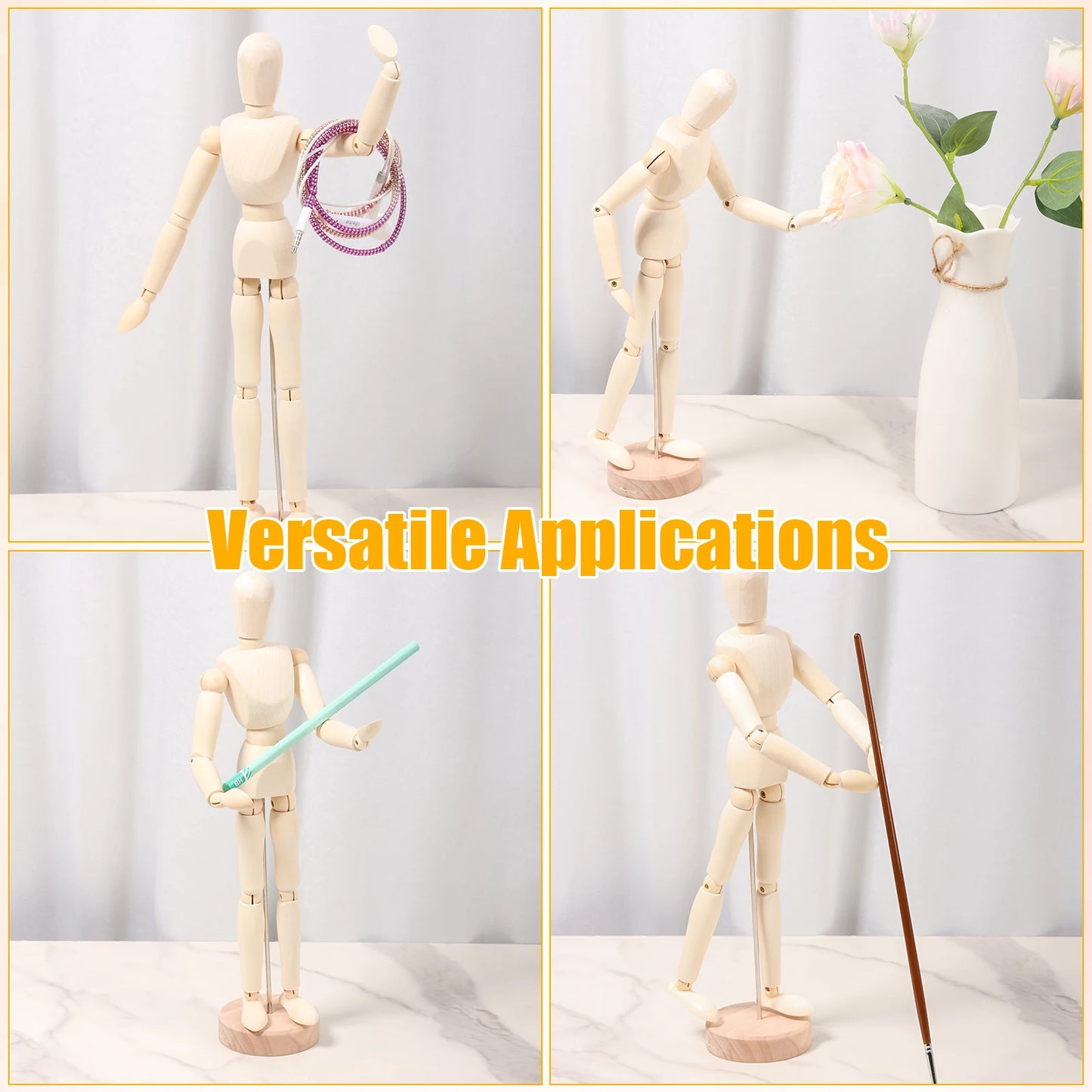 3Pcs Mannequin Doll Ornament 5.5/8/12inch Wooden Manikin with Flexible Joints for Home Office Decora Sketching Drawing Painting