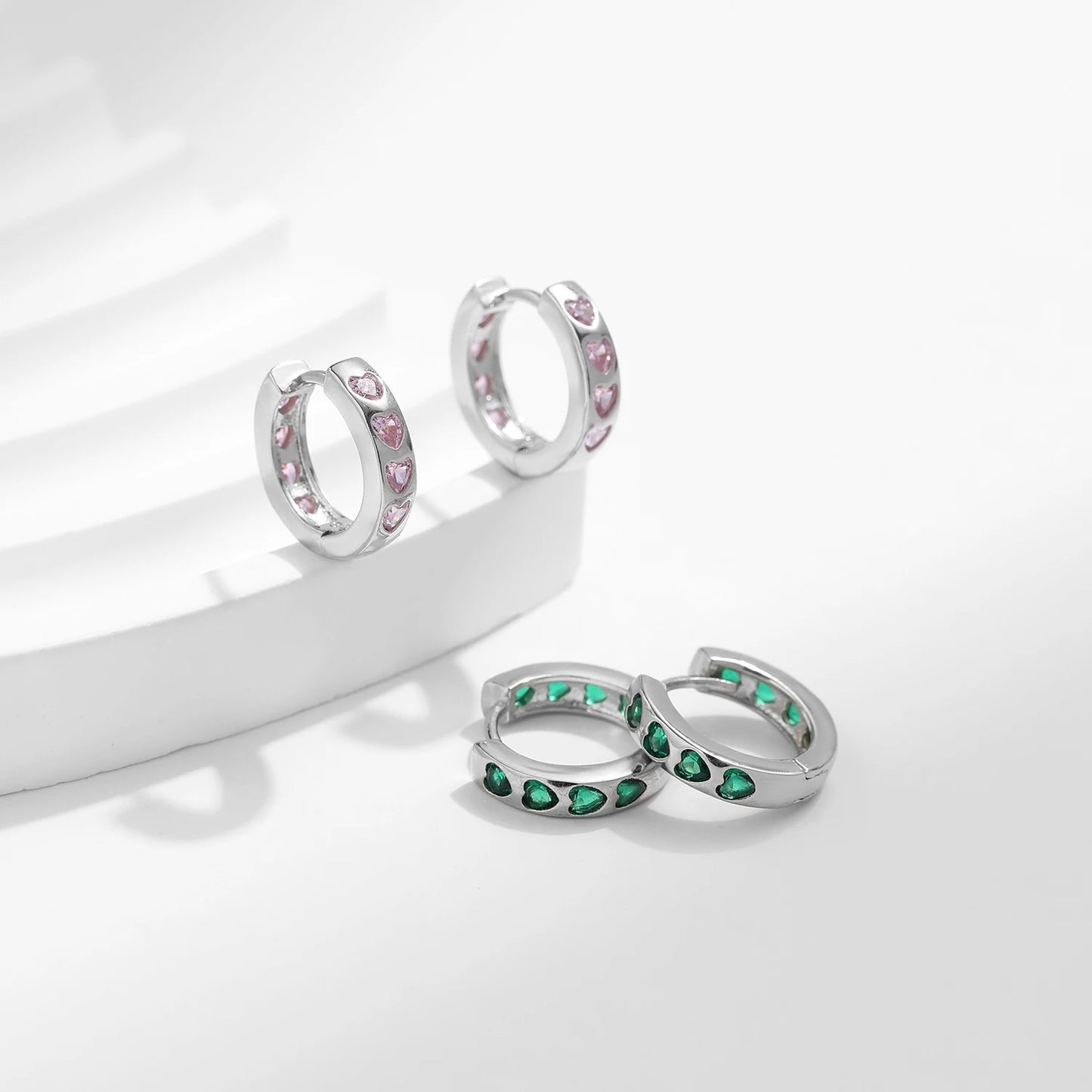MODIAN 925 Sterling Silver Pink And Green Hearts Zirconia Ear Buckles Exquisite Hoop Earrings For Women Original Design Jewelry