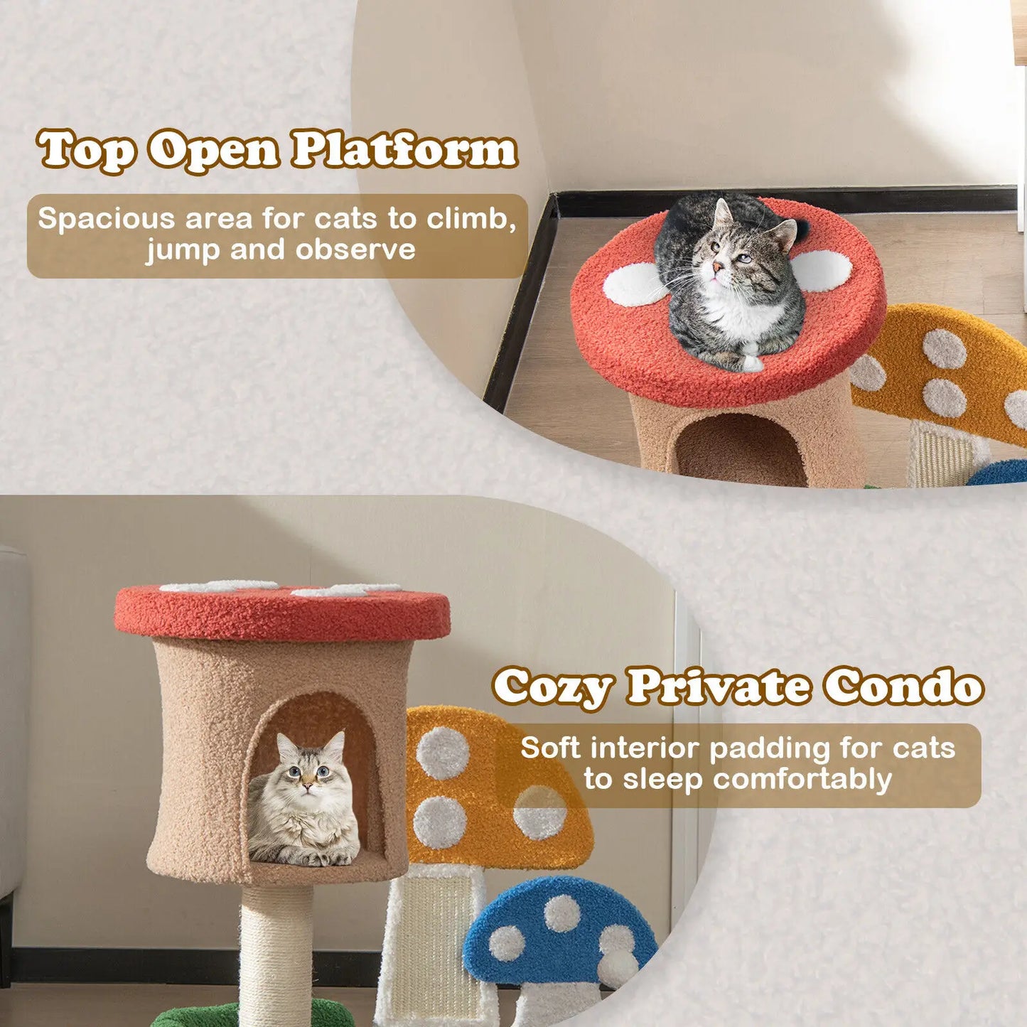 DORTALA 4-In-1 Cat Tree Mushroom Cat Tower Wooden Cat Activity Center Climbing Stand