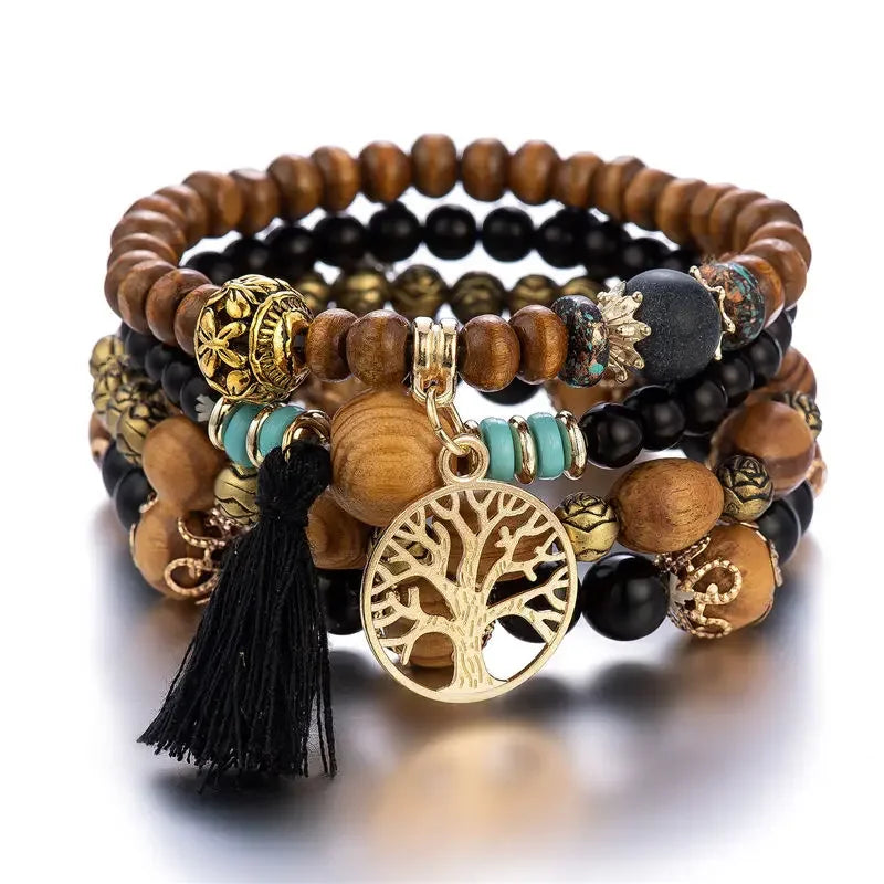 Bohemian Black Tassels Bracelet Set For Women Tree Of Life Charm Wooden Beads Elastic Chain Bangle Girls Fashion Jewelry