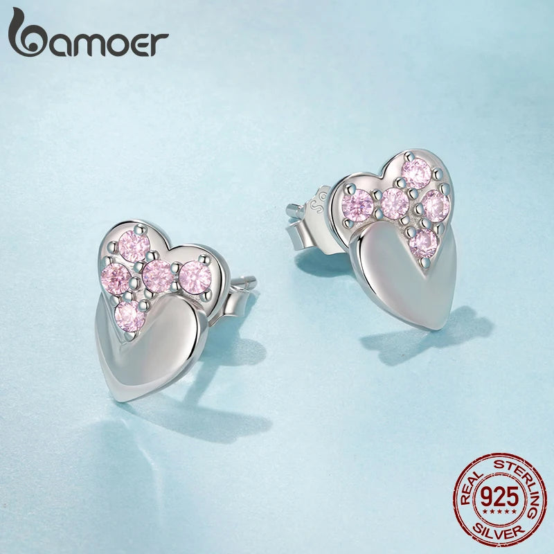 BAMOER 925 Sterling Silver Double Heart Stud Earrings Pink Zircons Earrings Hypoallergenic for Women Teens Valentine's Gift