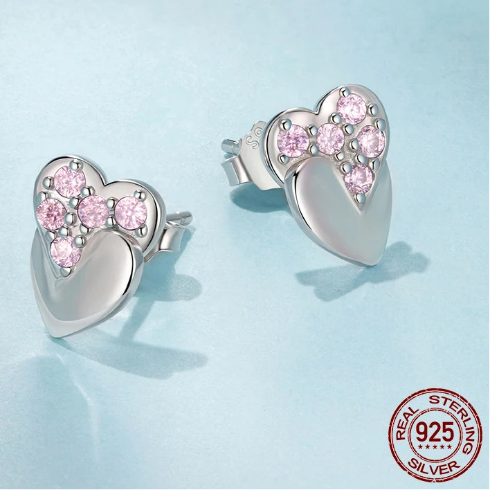 Tejesa 925 Sterling Silver Double Heart Stud Earrings Pink Zircons Earrings Hypoallergenic for Women Teens Valentine's Gift