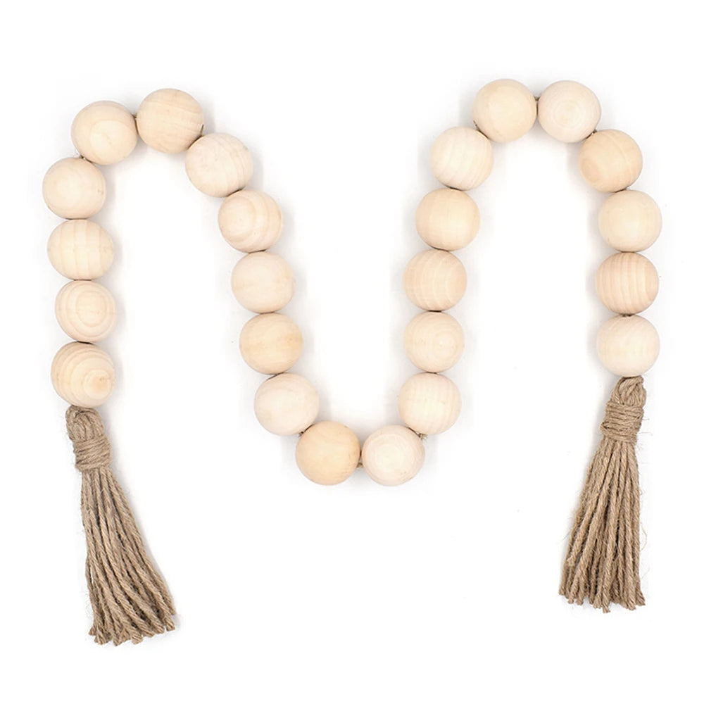 Wooden Bead Garland with Tassels Rustic Country Farmhouse Home Holiday Christmas Tree Garland Tray Wall Hanging Photo Props