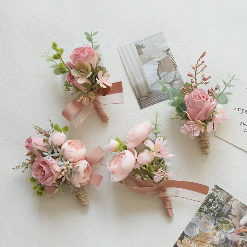 YeeNanee 6pcs Pink Corsage Boutonniere Set for Bride Groom Bridesmaids Groomsmen Wedding Cerenony Homecoming Prom Suit Flowers