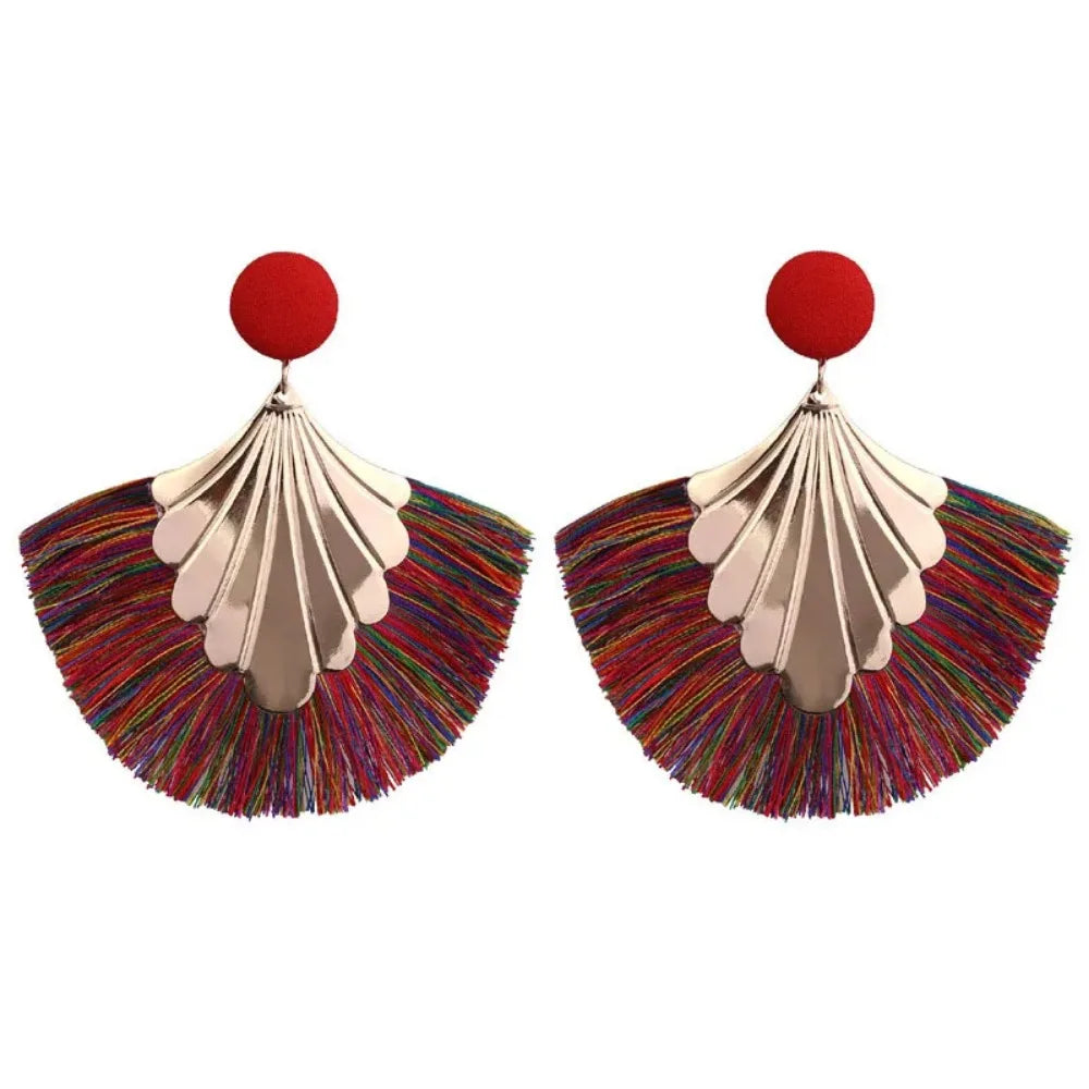 SUMENG 2024 New Bohemia Fan Shaped Tassel Earrings For Women Exaggerated Big Statement Fringed  Fashion Dangle