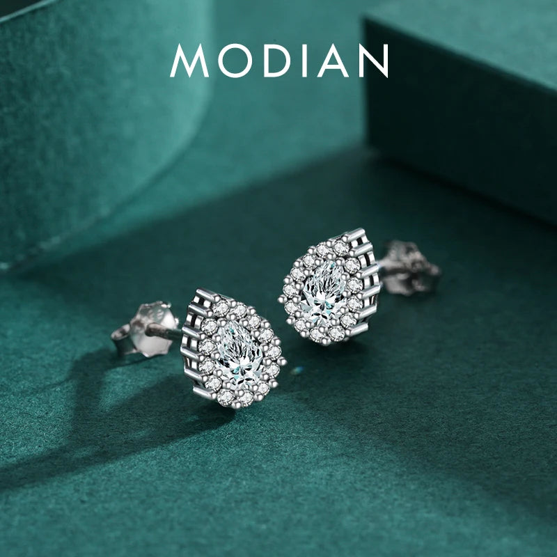 MODIAN Real 925 Sterling Silver Luxury Stud Earrings For Women Water Drop Sparkle Zircon Ear Stud Wedding Engagement Jewelry