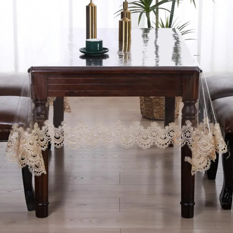 Waterproof Table Cloth PVC Transparent Soft Dining TableCloth Lace Embroidered Oil-proof Table Cover Coffee Table Crystal Plate