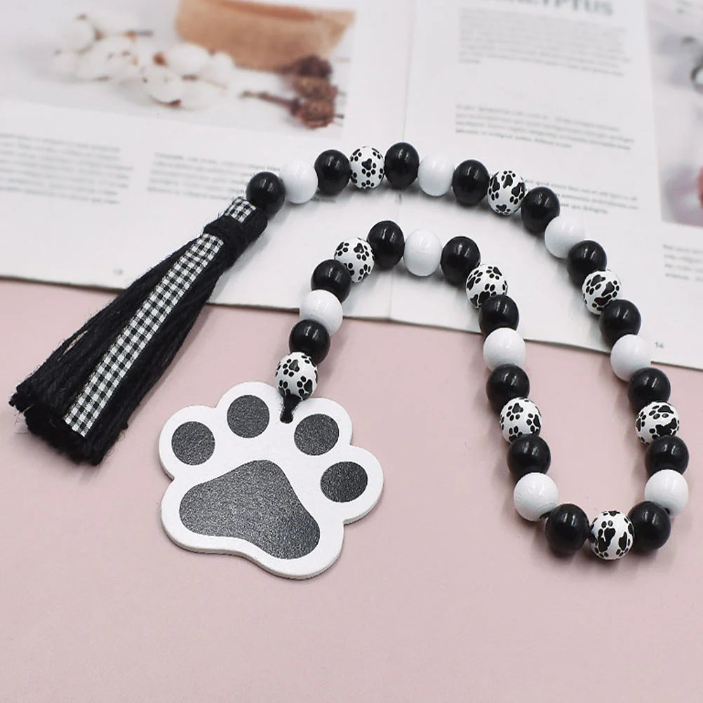 Garland Hanging Beaded Decoration Wood Pendant Dog Paw Beads Wreath Tassel Wooden Home Wall Decorative Ornament