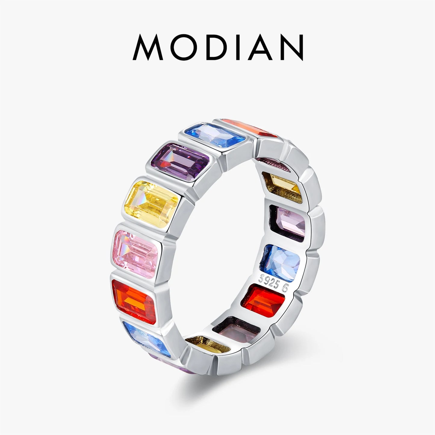 MODIAN 925 Sterling Silver Luxury Sweet Rectangle Colorful CZ Eternity Band Ring For Women Party Stackable Fine Jewelry