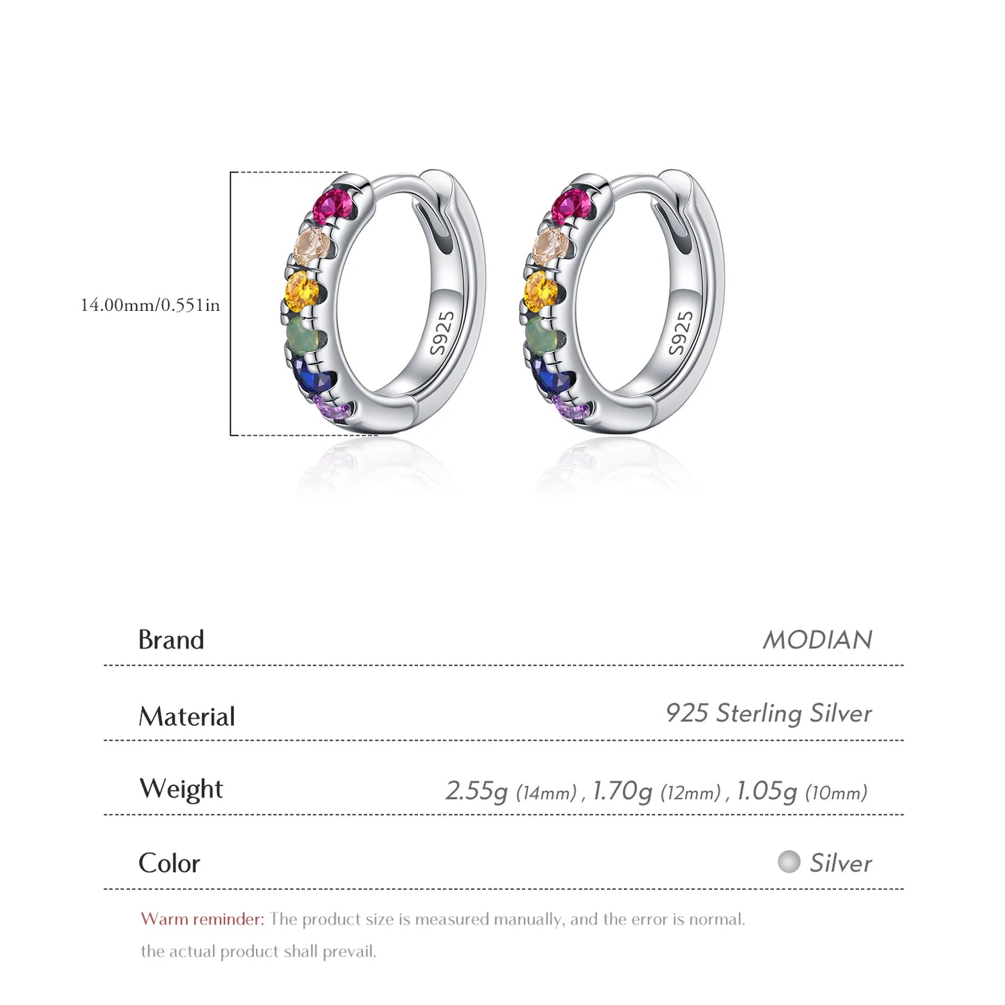 MODIAN 3 Sizes Colorful Ear Buckle 925 Sterling Silver Trendy Stackable Round Zirconia Hoop Earrings For Women Fine Jewelry