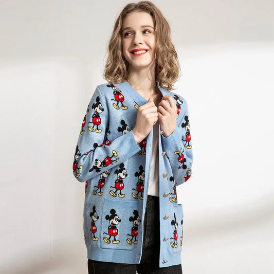 Disney Mickey Knitted Cardigan Japanese Cartoon Sweaters for Women Coat Female Autumn and Winter Loose Wild Thicken Kawaii Tops