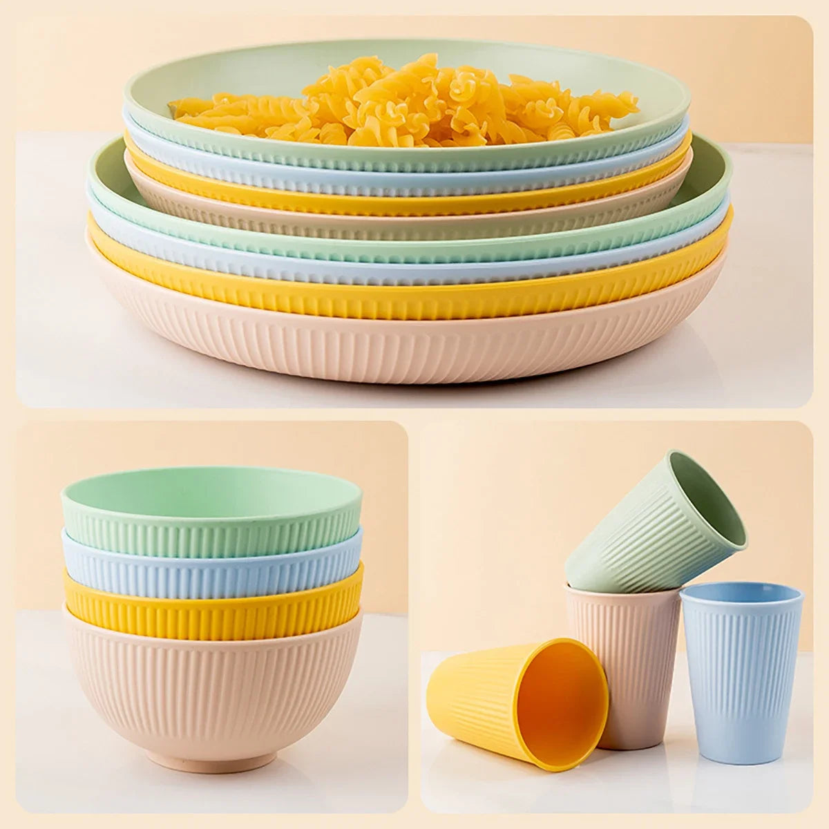 Heamsa 4Pcs Wheat Straw Tableware Set Plate Dish Bowl Cup Unbreakable Kitchen