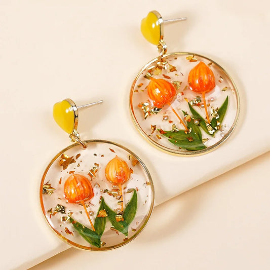 Creative Handmaking Pressed Flower Earrings Sweet Natural Flower Earrings Women Floral Statement Jewelry 2024 Boho Round Earring