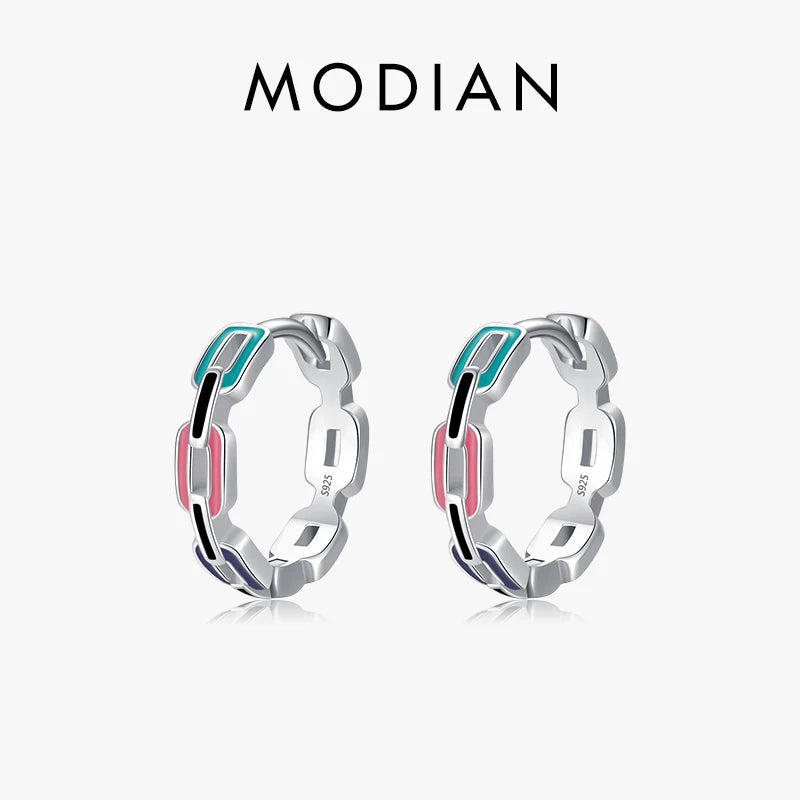 Modian 925 Sterling Silver Charm Original Geometric Ear Buckles Rainbow Color Enamel Hoop Earrings For Women Party Fine Jewelry