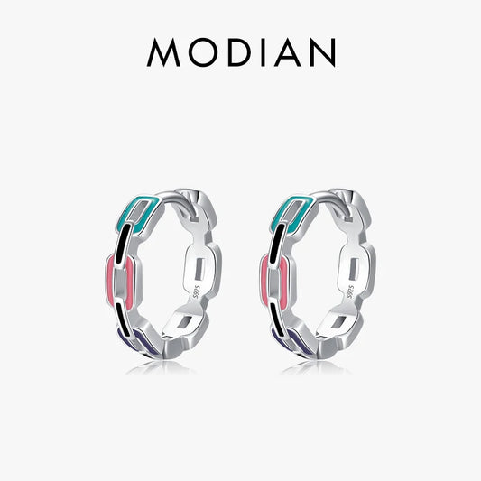 Modian 925 Sterling Silver Charm Original Geometric Ear Buckles Rainbow Color Enamel Hoop Earrings For Women Party Fine Jewelry