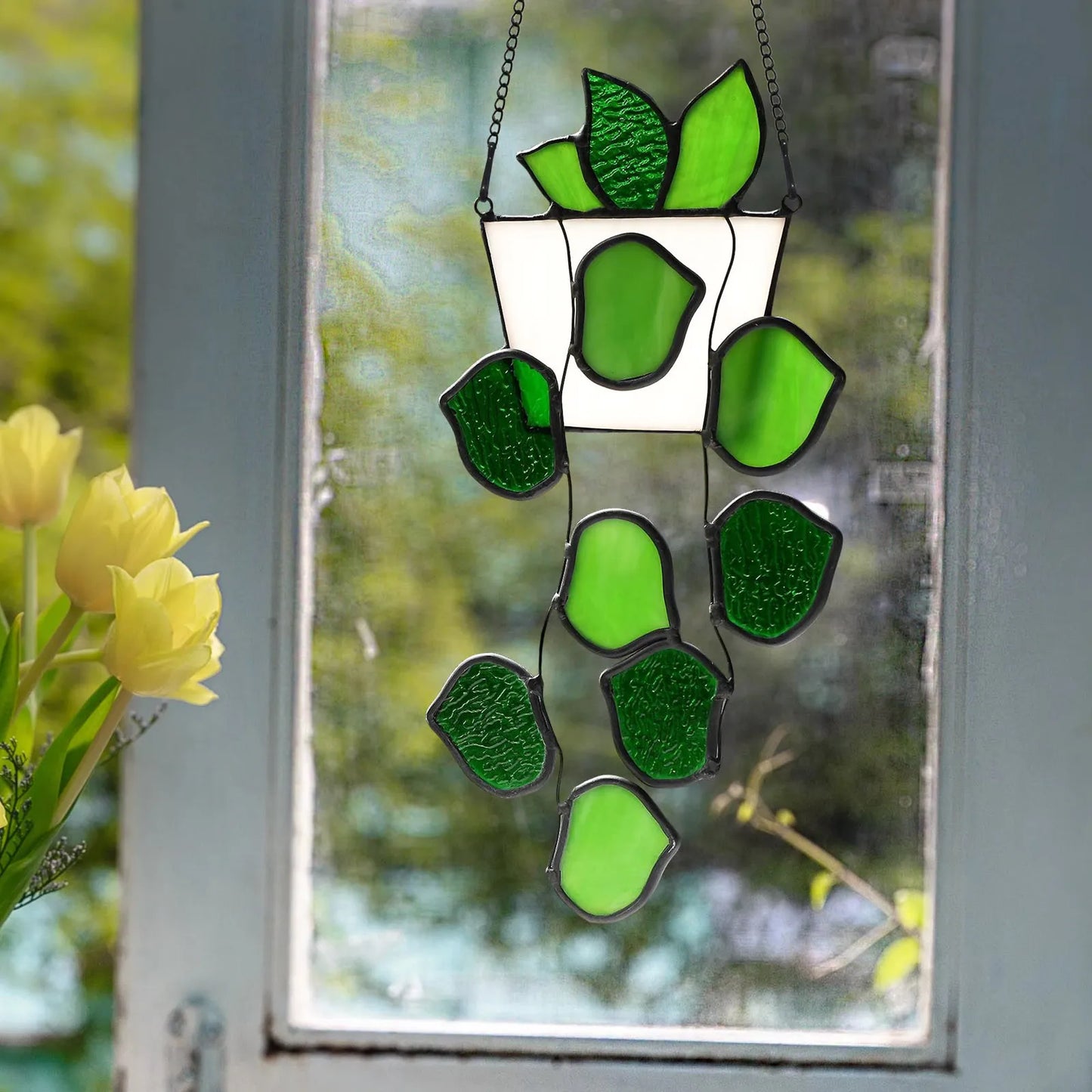 Artisanal Pothos Stained Glass Window Hangings Suncatcher For Window Exquisite Decorations Gifts Crystal Garland Beads