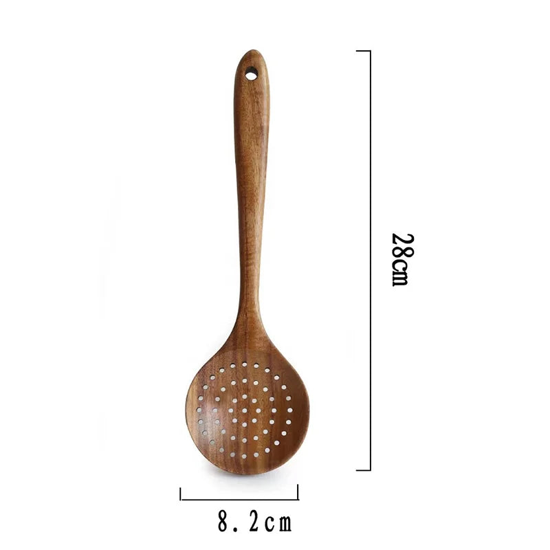 Hemasa  4Pcs  Teak Natural Wood Tableware Spoon Ladle Turner Long Rice Colander Soup Skimmer Cooking Spoons