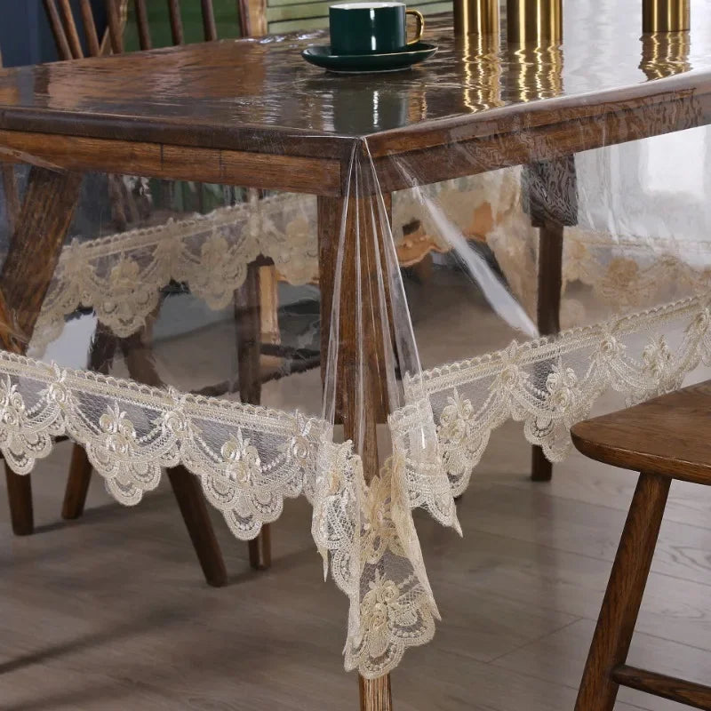 Waterproof Table Cloth PVC Transparent Soft Dining TableCloth Lace Embroidered Oil-proof Table Cover Coffee Table Crystal Plate