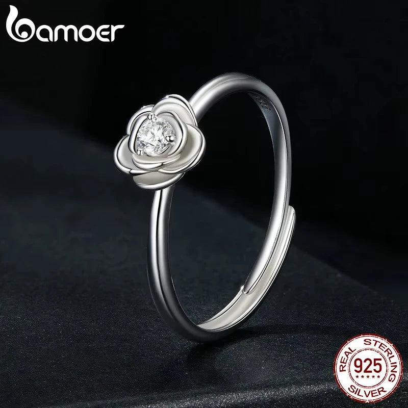 BAMOER Flower Moissanite Engagement Rings for Women, 925 Sterling Silver Big Flower Shaped Moissanite Halo Ring MSR054-E
