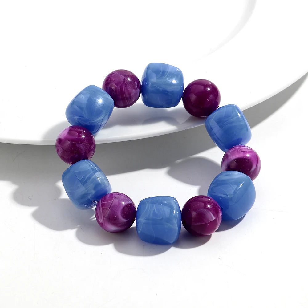 Bohemian Acrylic Geometric Square Round Beads Elastic Bracelets for Women Trendy Resin Beaded Stackable Bracelet Bangle Jewelry