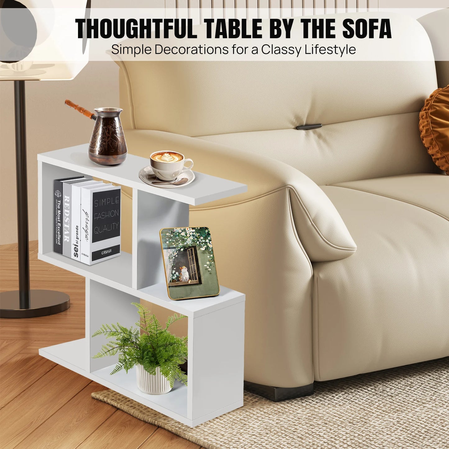 2 Tier Storage End Side Table S Shape Sofa Side Table Narrow Side Table Modern End Table for Living Room,Bedroom,Office