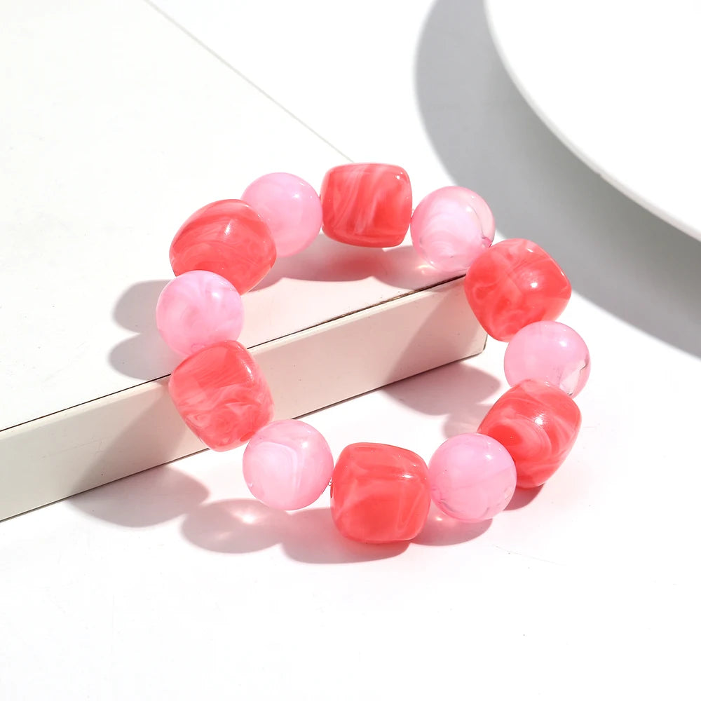 Bohemian Acrylic Geometric Square Round Beads Elastic Bracelets for Women Trendy Resin Beaded Stackable Bracelet Bangle Jewelry
