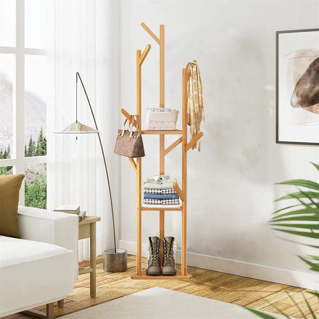 Floor Tree Clothes Coat Hanger Rack Garment Storage Stand with 10 Hanging Hooks and Shelf