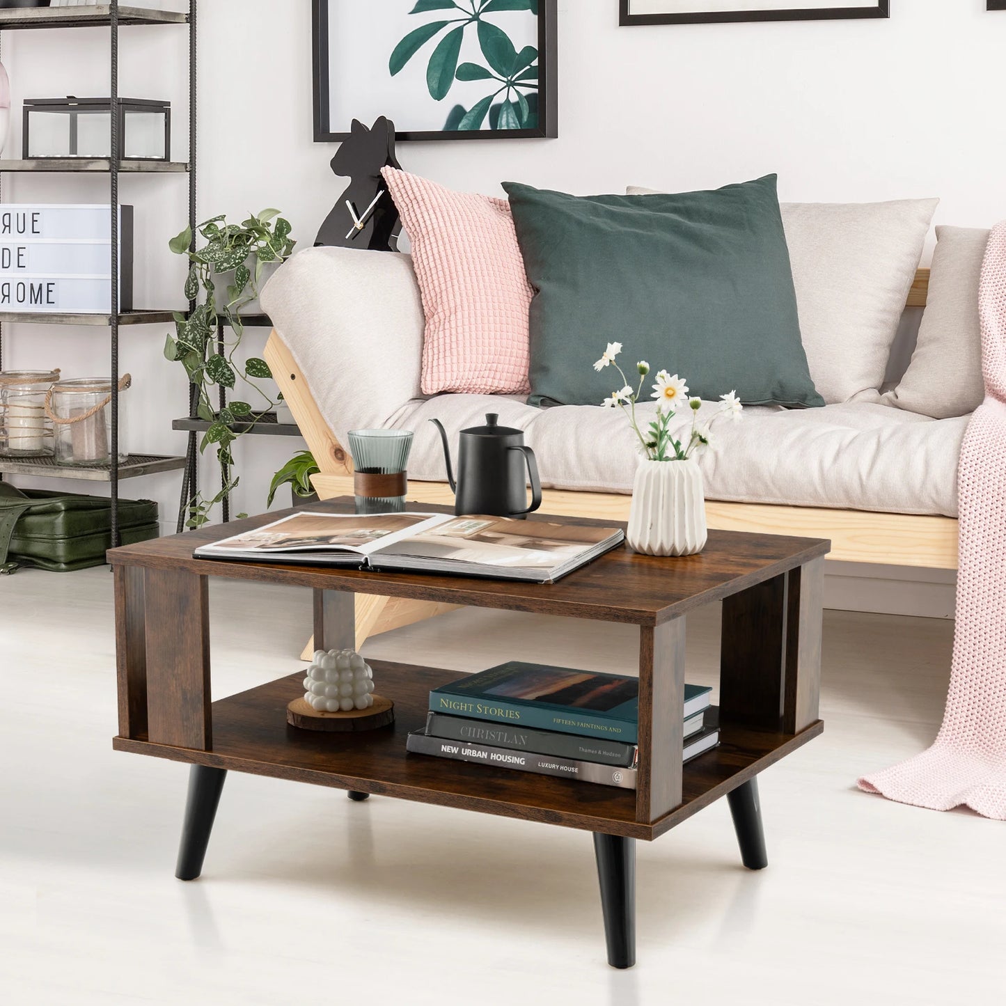 GOFLAME Small Coffee Table for Small Space 2-Tier Wooden Center Table with Open Storage Shelf