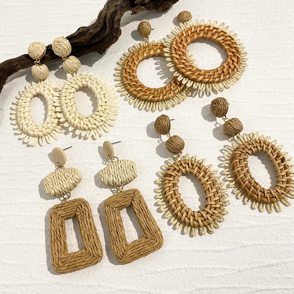 Lifefontier Handmade Woven Raffia Geometric Drop Earrings For Women Oversize Flower Beach Dangle Earring Jewelry Wholesale 2023