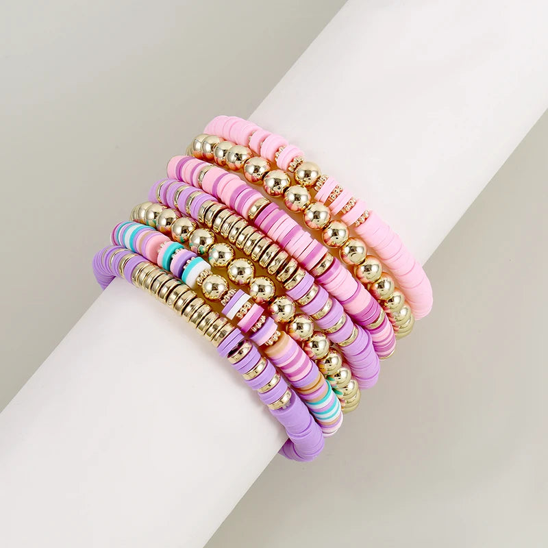 Hemasa 7Pcs/Set Multicolor Polymer Clay Beaded Stretch Bracelet for Women