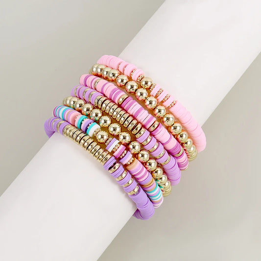 Hemasa 7Pcs/Set Multicolor Polymer Clay Beaded Stretch Bracelet for Women