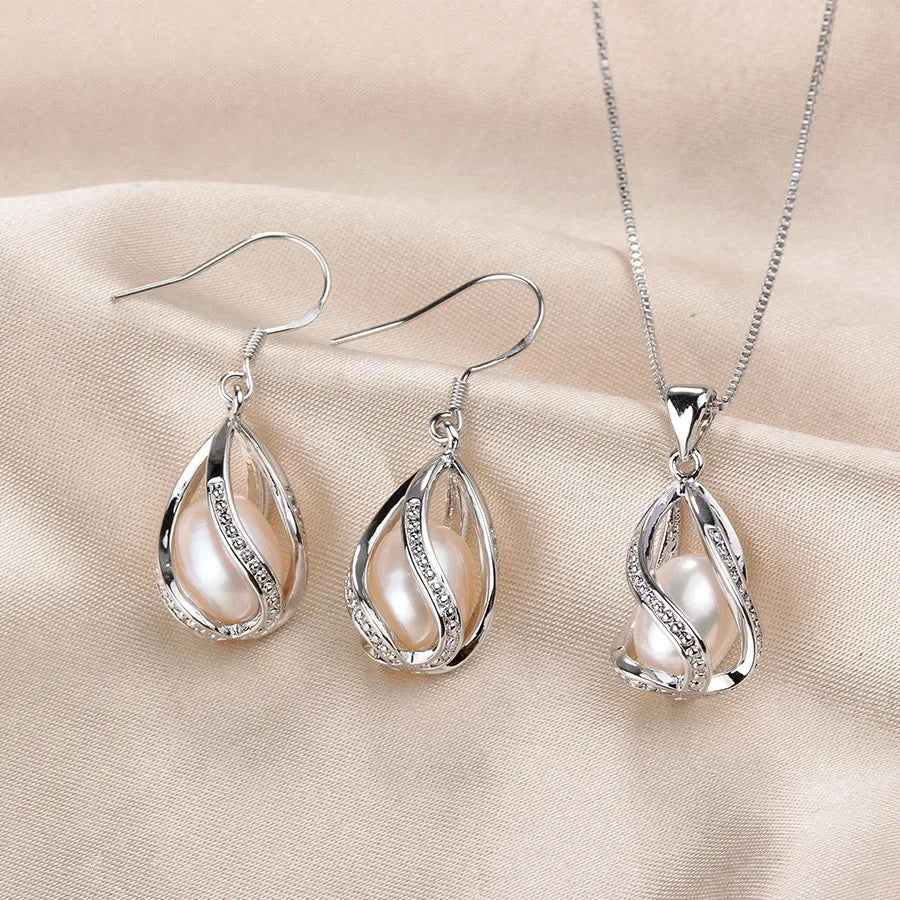YWYC 8-9mm Natural Freshwater Pearl In Cage Pendant Necklace Drop Earrings & Pendant Jewelry Set for Women