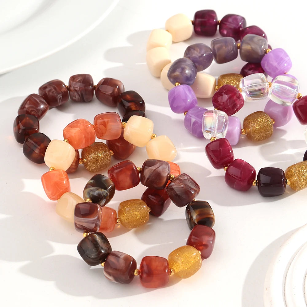 New Multicolor Acrylic Geometric Bead Bracelet for Women Trendy Resin Irregular Square Elastic Bracelets Handmade Jewelry Gift