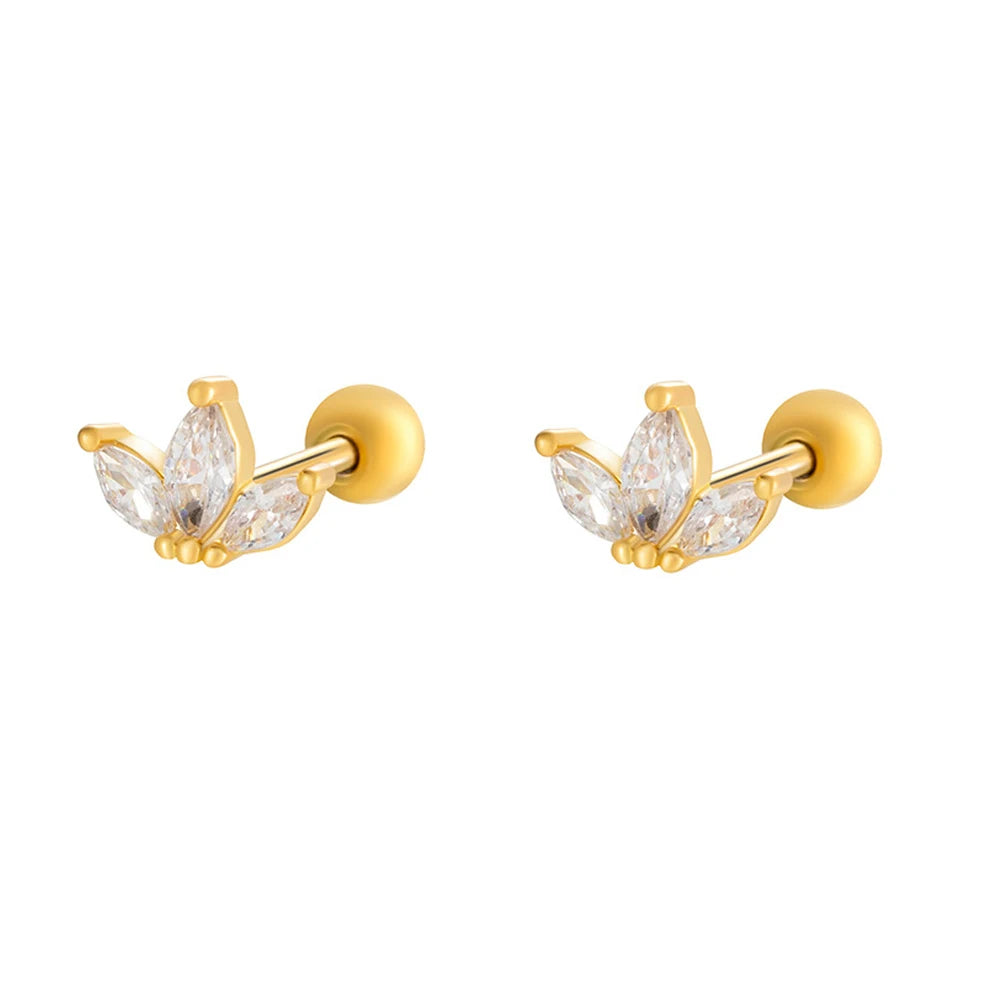 Tejesa  Gold Color  Stainless Steel Copper  Rhinestone Triangle Lotus Zirconia Stud Earrings For Women