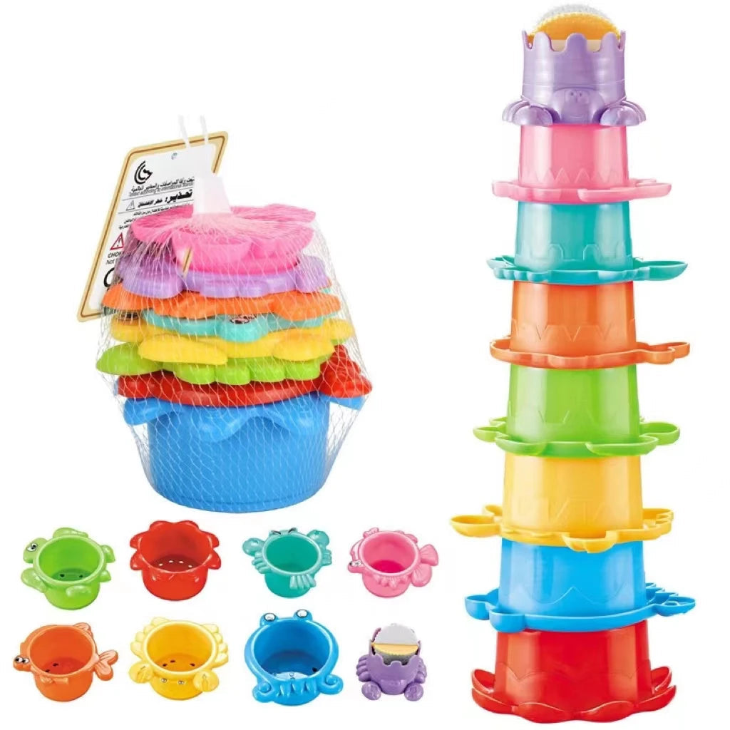 Hemas aStacking Cup Bath Toys for Kids Colorful Folding Boat Shape Tower Early Educational Baby Toys Swimming Pool Beach Toys Gifts