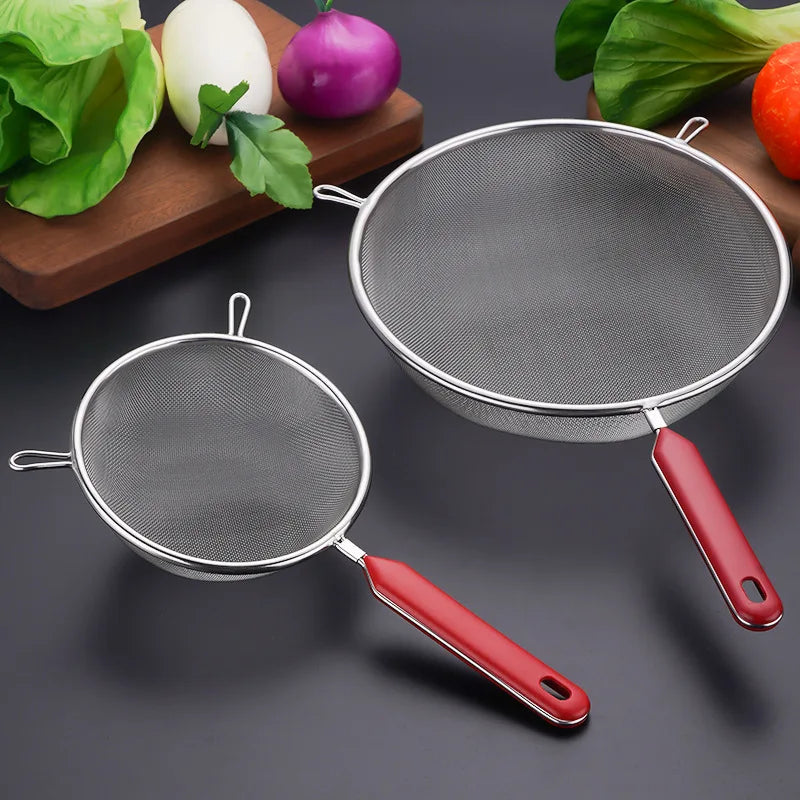 10 Sizes 201 Stainless Steel Strainer Colander Fine Mesh Oil Skimmer PP Red Handle Food Noodles Flour Sieve Frying Scoop