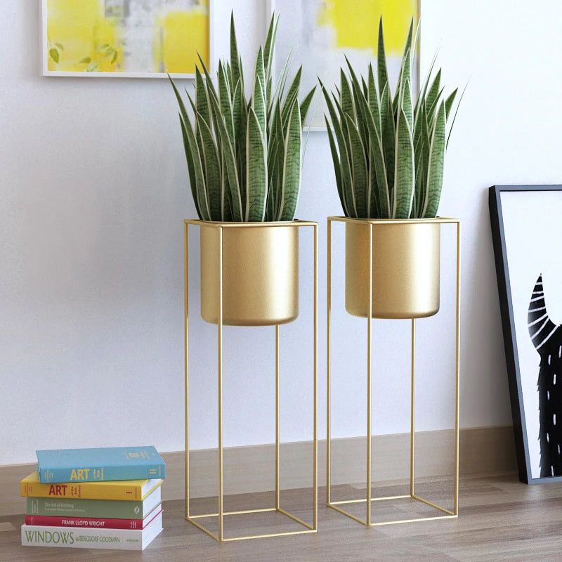 Gold Metal Plant Stands with Planters – Modern Tall Floor Stands for Indoor Plants, Living Room & Balcony Decor