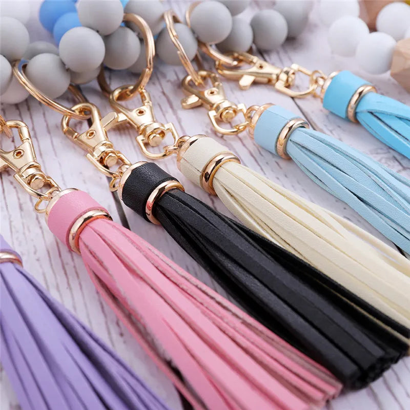Hemasa  Silicone Wood Beads Keychain Keyring For Women Wristlet Bracelet Pendant Keychain With Jewelry Accessories