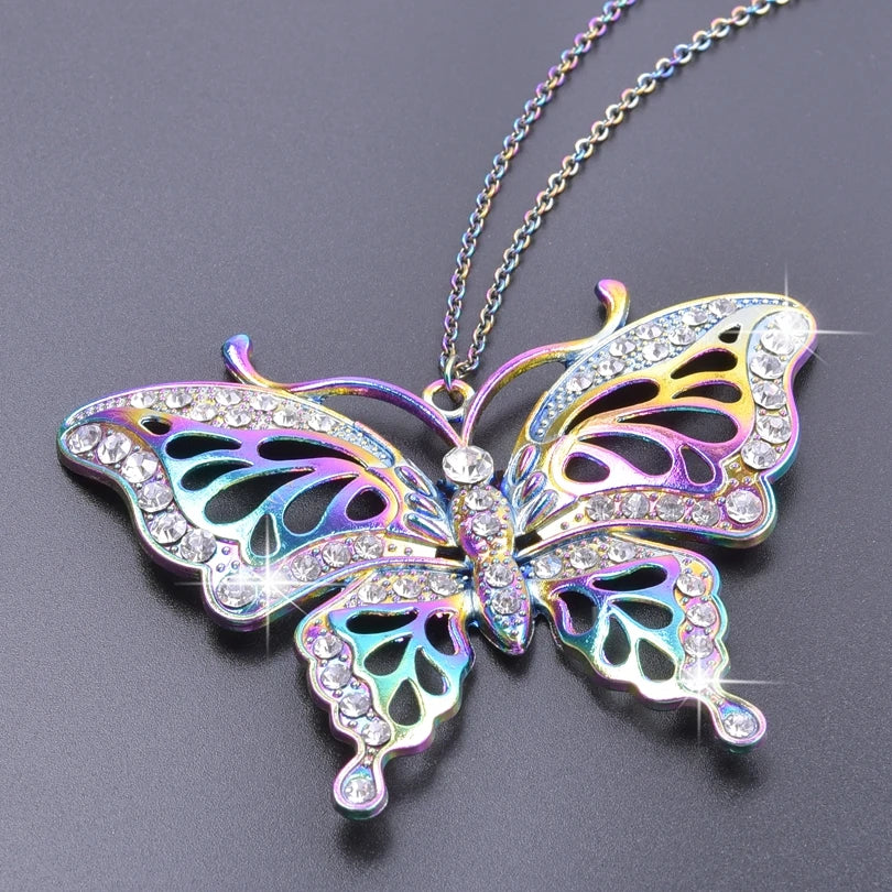 Vintage Butterfly Rhinestone Necklace for Women Rainbow Charms Collar Choker Alloy Pendant 50cm Stainless Steel Chains Jewelry
