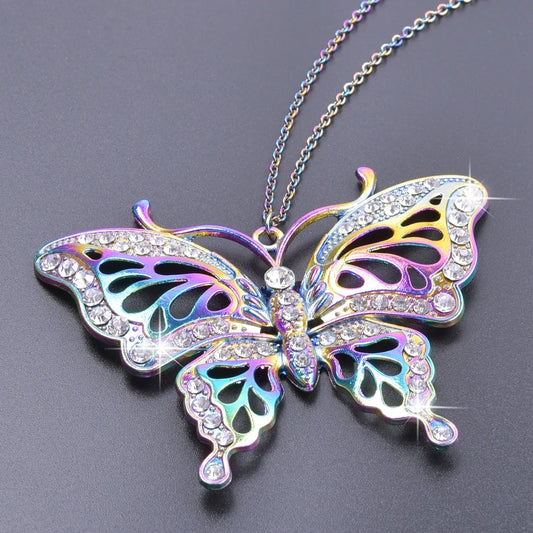 Vintage Butterfly Rhinestone Necklace for Women Rainbow Charms Collar Choker Alloy Pendant 50cm Stainless Steel Chains Jewelry