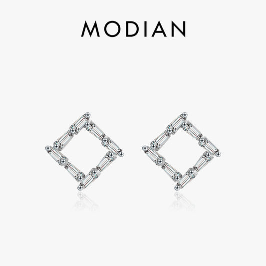 Modian Genuine 925 Sterling Silver Simple Square With Trapezoid Clear CZ Stud Earrings for Women Girl Anti-allergy Jewelry