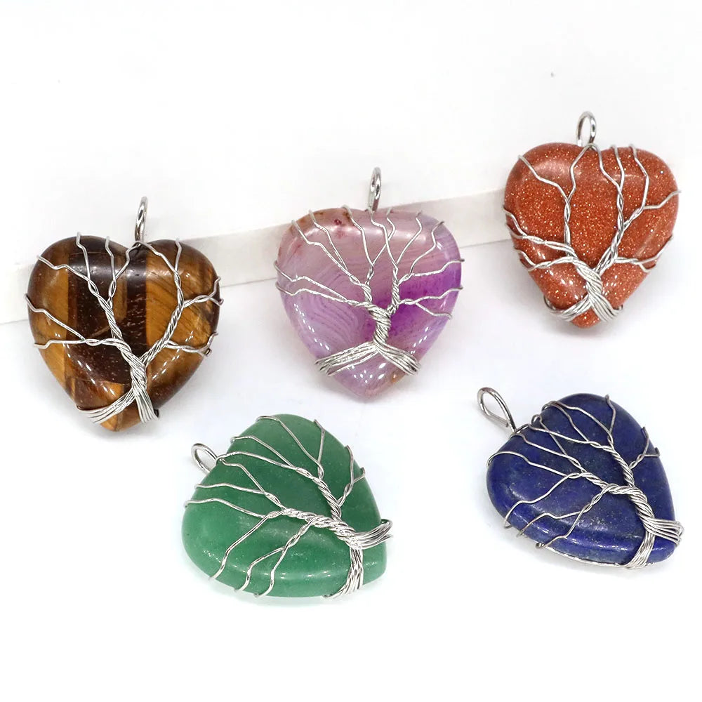 Heart Shape Pendant Neckalce Tree Of Life Wire Wrapped Natural Crystals Lapis Lazuli Rose Quartz Healing Gems Love Jewelry Gifts