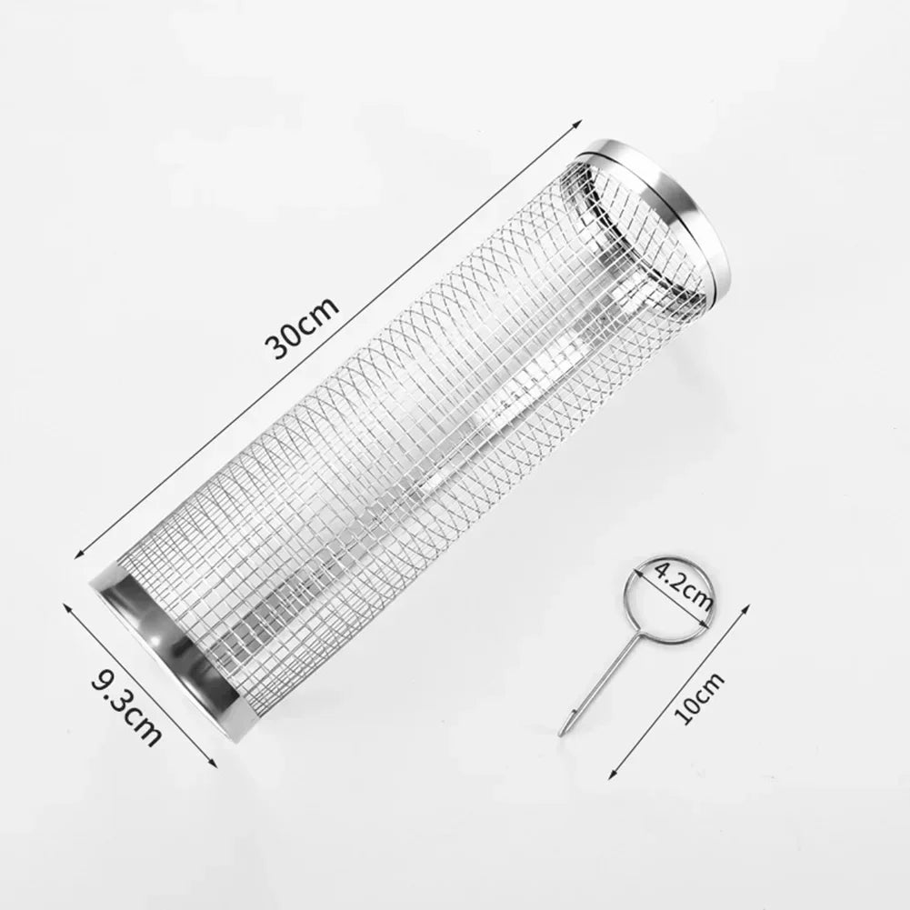 Tejesa BBQ Basket Stainless Steel Rolling Grilling Basket Wire Mesh Cylinder Cylindrical Portable Round Outdoor Camping Barbecue Rack