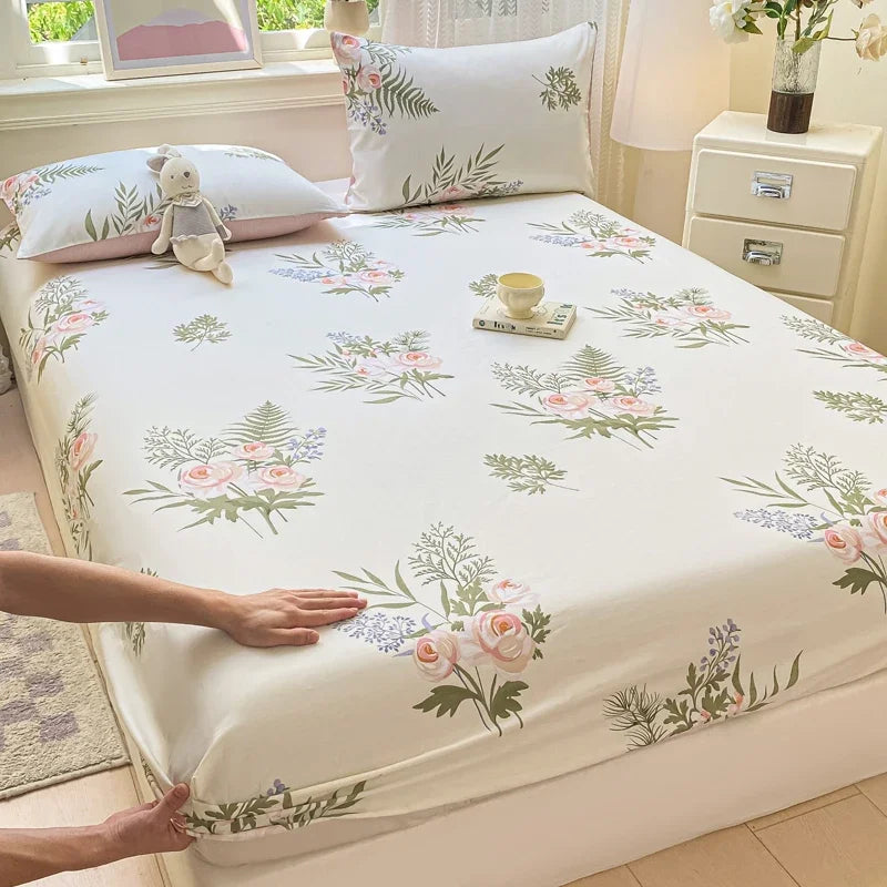 Pure Cotton Fitted Sheet Single Double Queen Size Printed Mattress Cover With Elastic Band Bedsheet Soft Comfortable Fitsheet