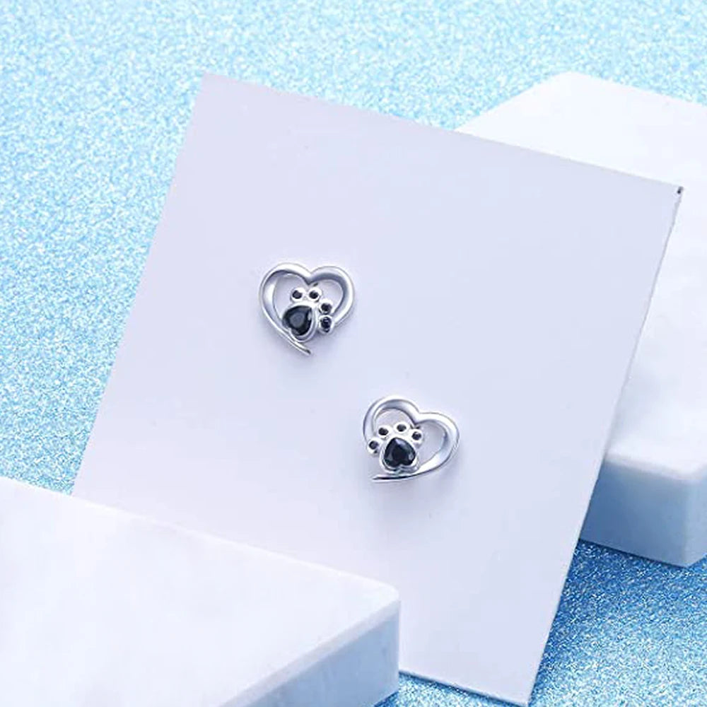 Huitan Cute Animal Cat Dog Footprints Shape Stud Earrings for Women Silver Color Heart Love Earrings Fashion Versatile Jewelry